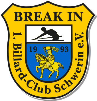 Break-In Logo - Wappen mit Billard-Spieler und Ritter darauf
